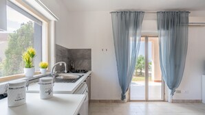 A modern kitchen with a gas stove, sink, and two potted plants on the windowsill.