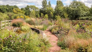 Un jardin avec un pont en bois, un étang et diverses plantes.