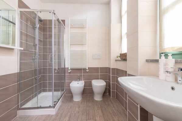 Shower, hair dryer, bidet, towels