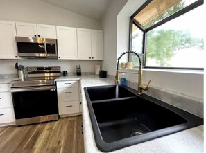 Fridge, microwave, oven, stovetop