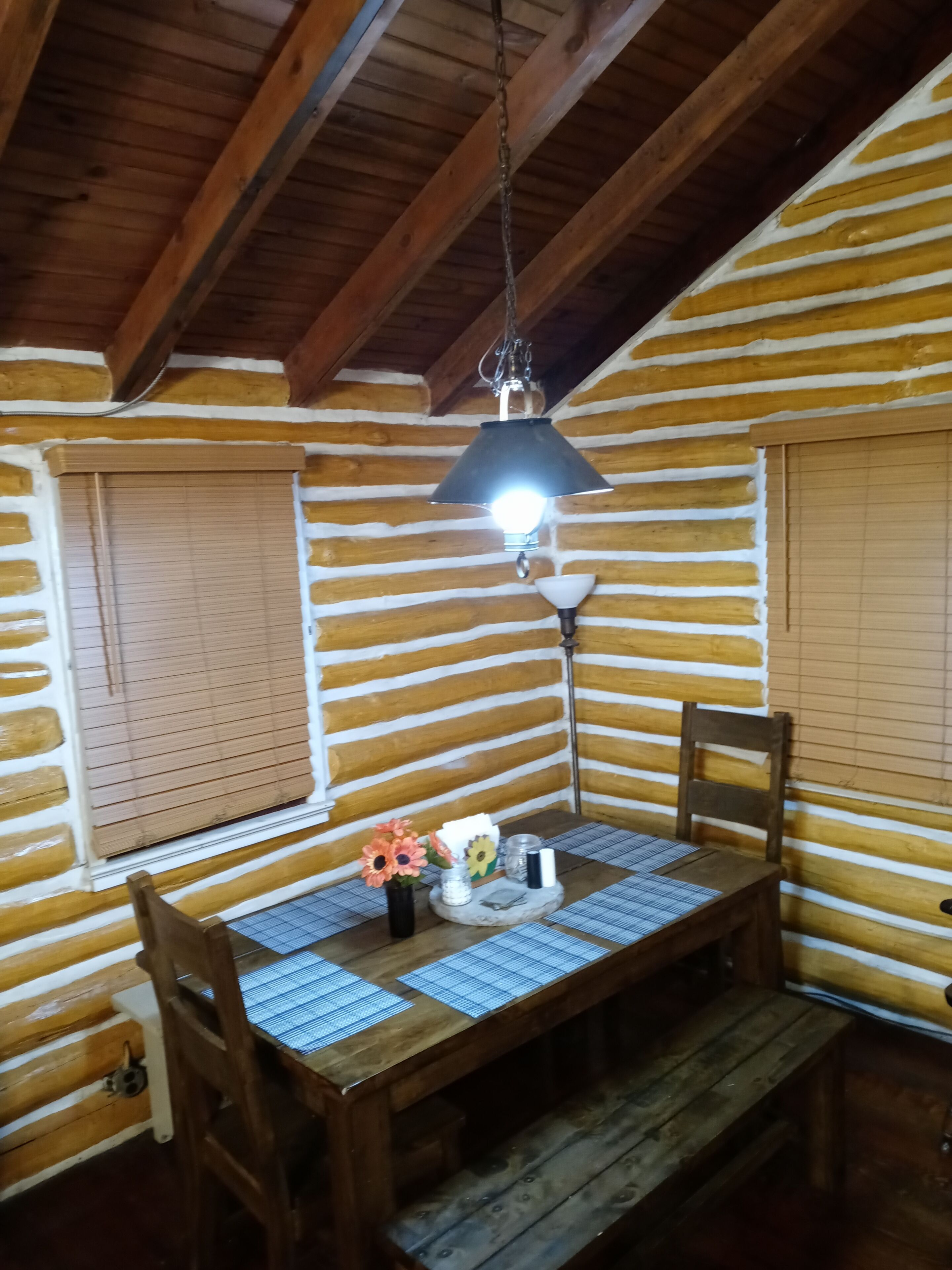 Puisesta ruokapöydästä, jossa on lamppu, tuoleja ja lautasliina.