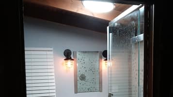 Shower, towels, soap, toilet paper