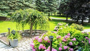 Un jardín con un sendero pavimentado, plantas en macetas y arbustos florecientes.