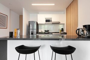 Fridge, microwave, oven, stovetop