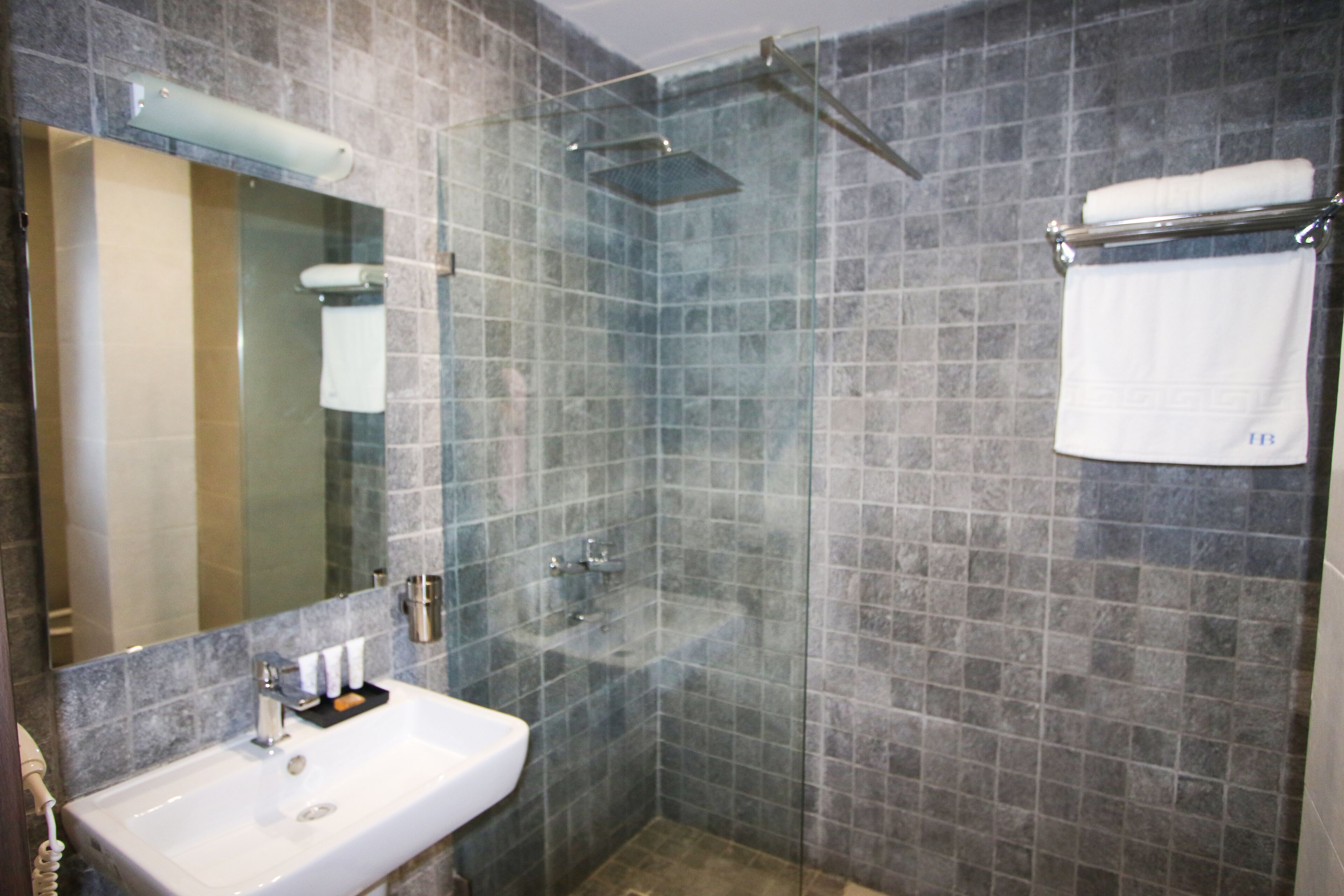 A bathroom with a glass-enclosed shower, a white sink, and a towel rack.