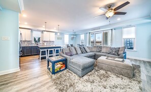 Smart TV, fireplace, books