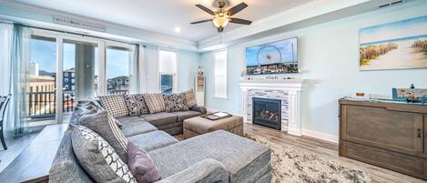 Smart TV, fireplace, books