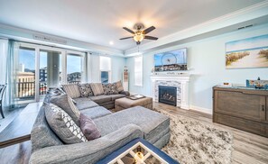 Smart TV, fireplace, books
