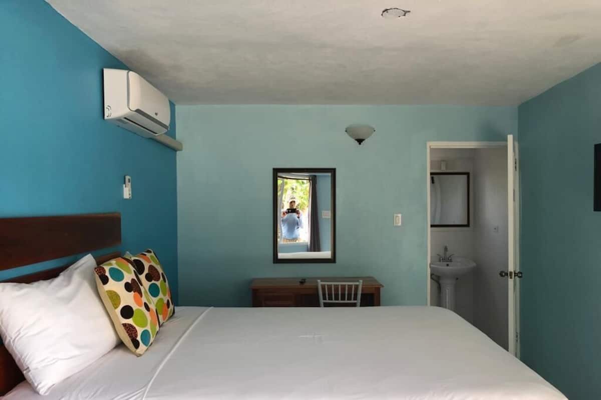 A bedroom with a bed, a desk, a chair, an air conditioning unit, and a bathroom.