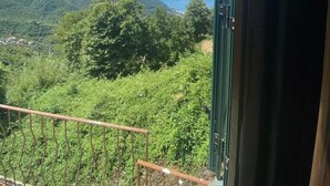 Ein Balkon mit Metallgeländer, der auf eine gebirgige Landschaft mit viel Grün und blauem Himmel blickt.