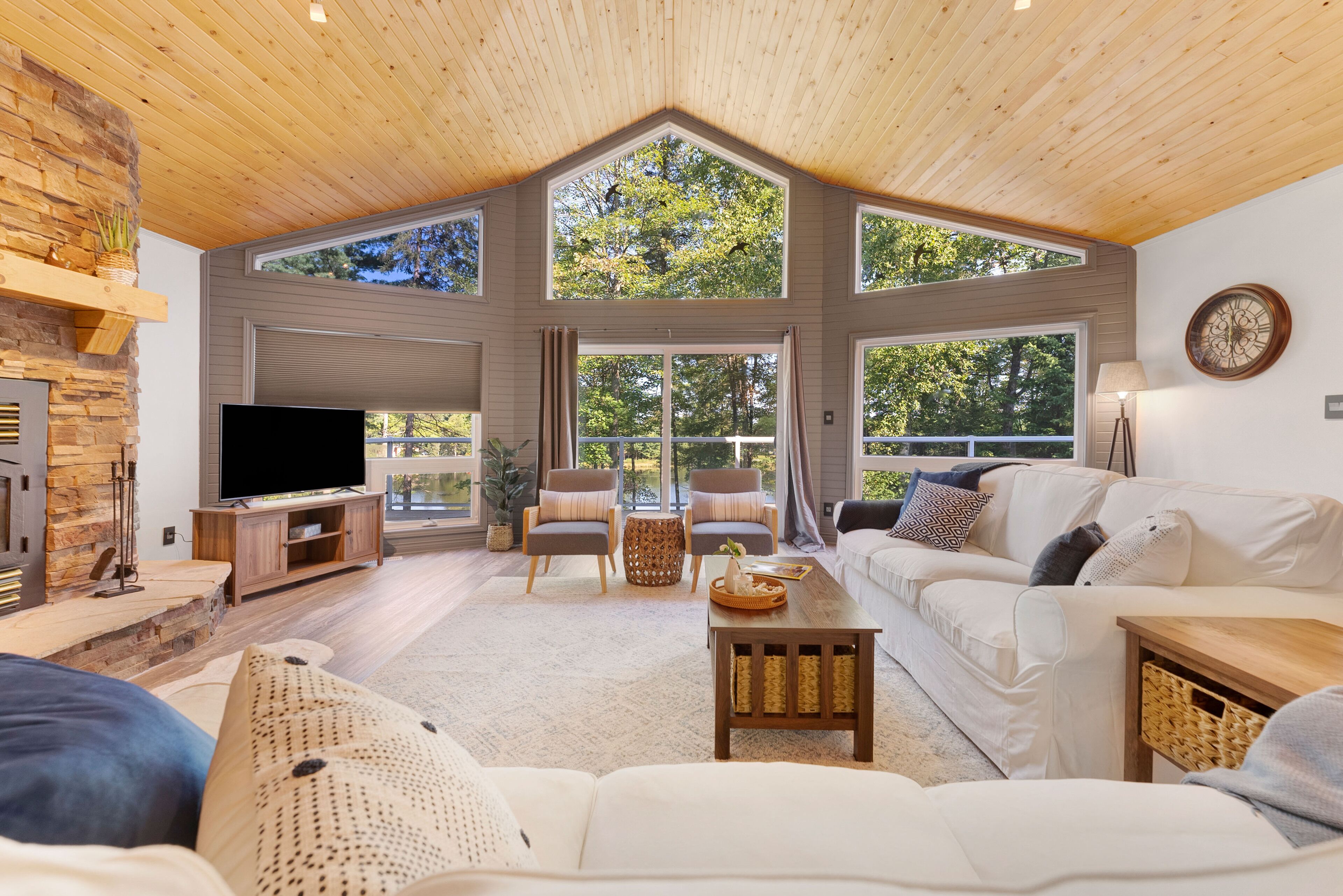 Smart TV, fireplace, DVD player, foosball