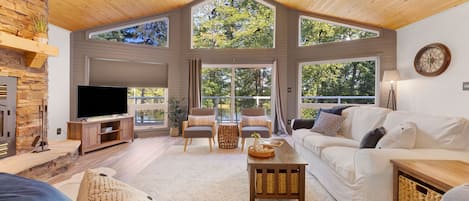 Smart TV, fireplace, DVD player, foosball