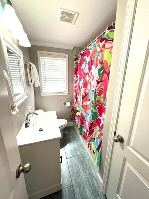 Combined shower/bathtub, hair dryer, towels, soap