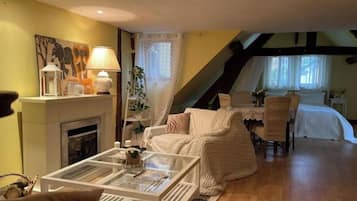 TV connectée, cheminée, livres, écrans d'ordinateur