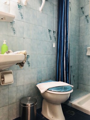 A bathroom with a toilet, a sink, a trash bin, and a shower curtain. - Stamatias Home, fully equipped cottage 5 minutes from the sea! (Chania)