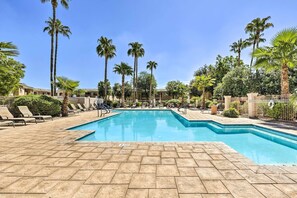 Une piscine avec des chaises longues et des palmiers.