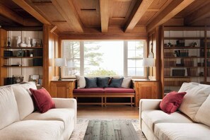 Fireplace, books, computer monitors - Gather at Quietude ~ 10BR on 60 Acres for Retreats & Family Reunions (Tuftonboro)