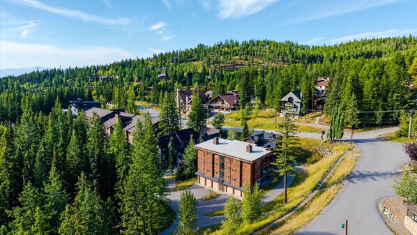 A residential area with multiple houses surrounded by dense forest, a main road, and a prominent red building.