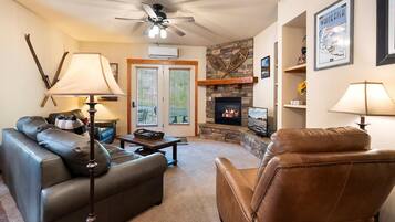 Smart TV, fireplace, books