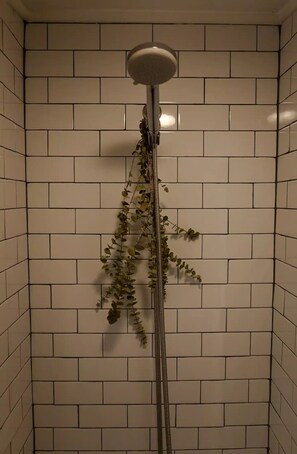 Eine Dusche mit weiß gefliesten Wänden und einer Pflanze, die von der Decke hängt.