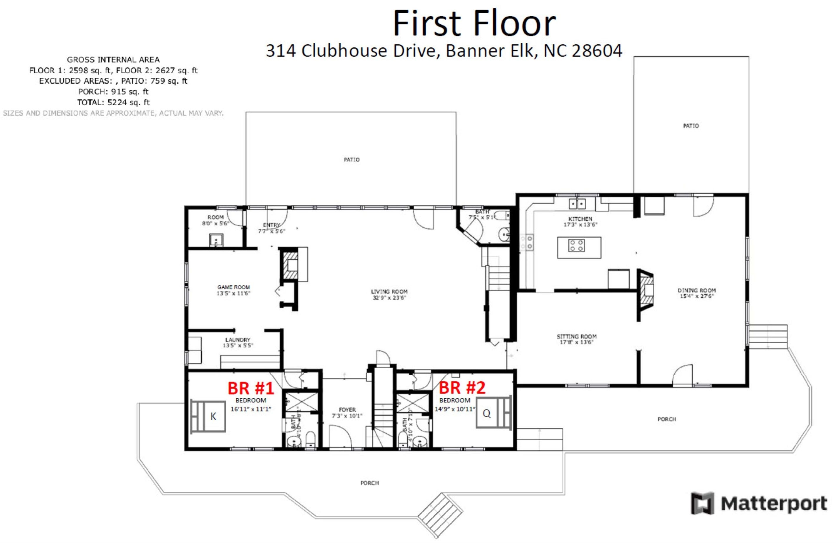 Plano de distribución de una propiedad ubicada en 314 Clubhouse Drive, Banner Elk, NC 28604, que incluye un patio, sala de juegos, sala de estar, comedor, sala de estar adicional, dos dormitorios y un baño.
