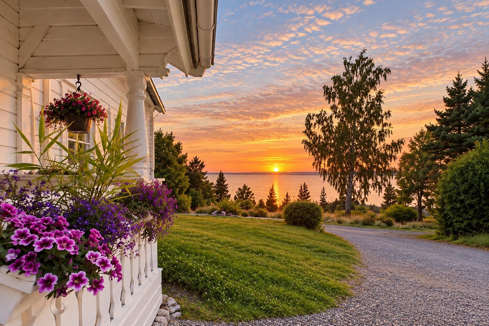 A house with a porch, a gravel driveway, and a view of the sunset over a body of water.