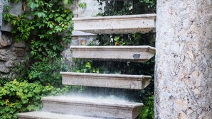 Eine Steintreppe mit Wasserspiel, umgeben von viel Grün.