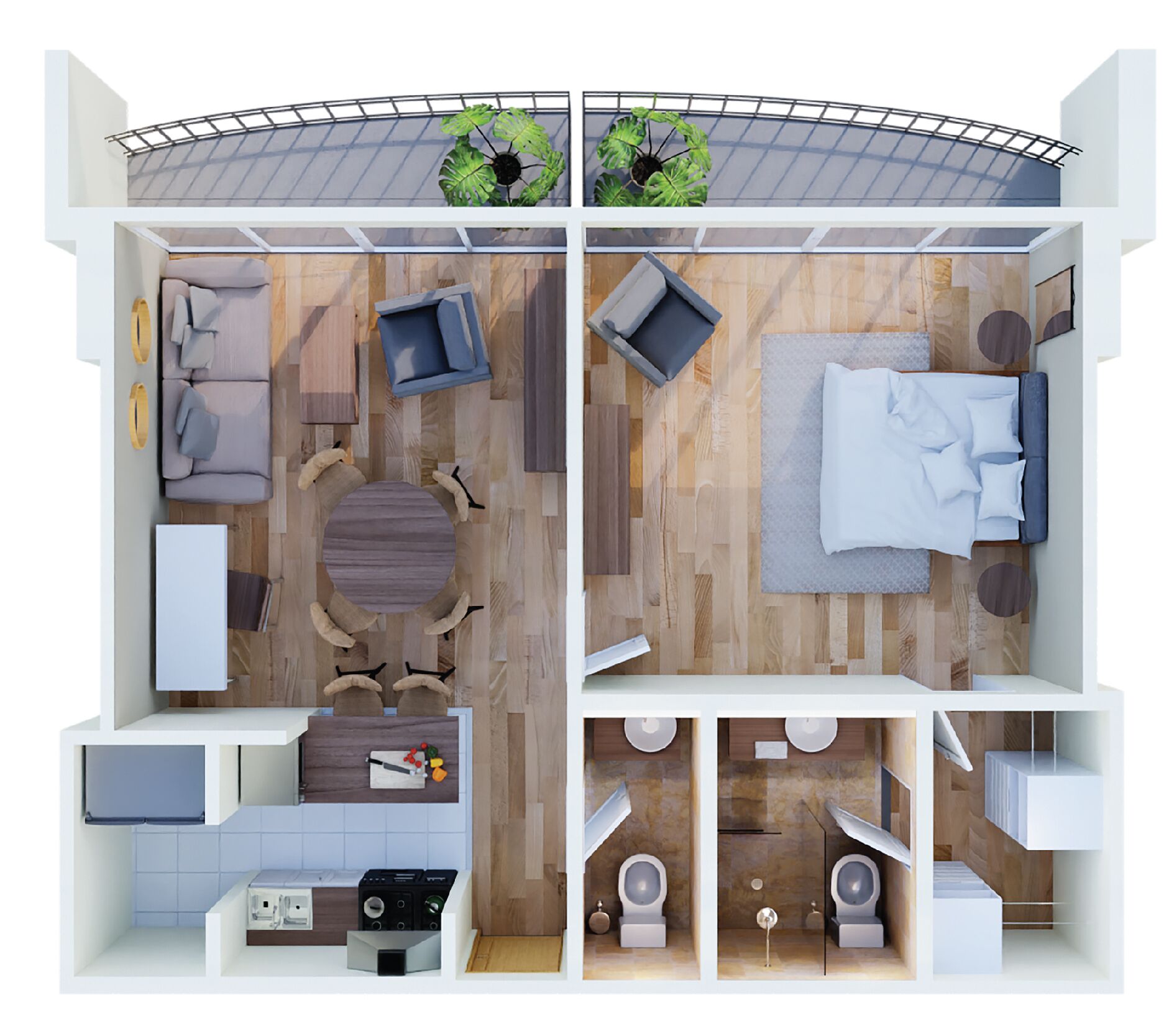 A modern apartment layout with a living area, kitchen, dining space, and two bedrooms.