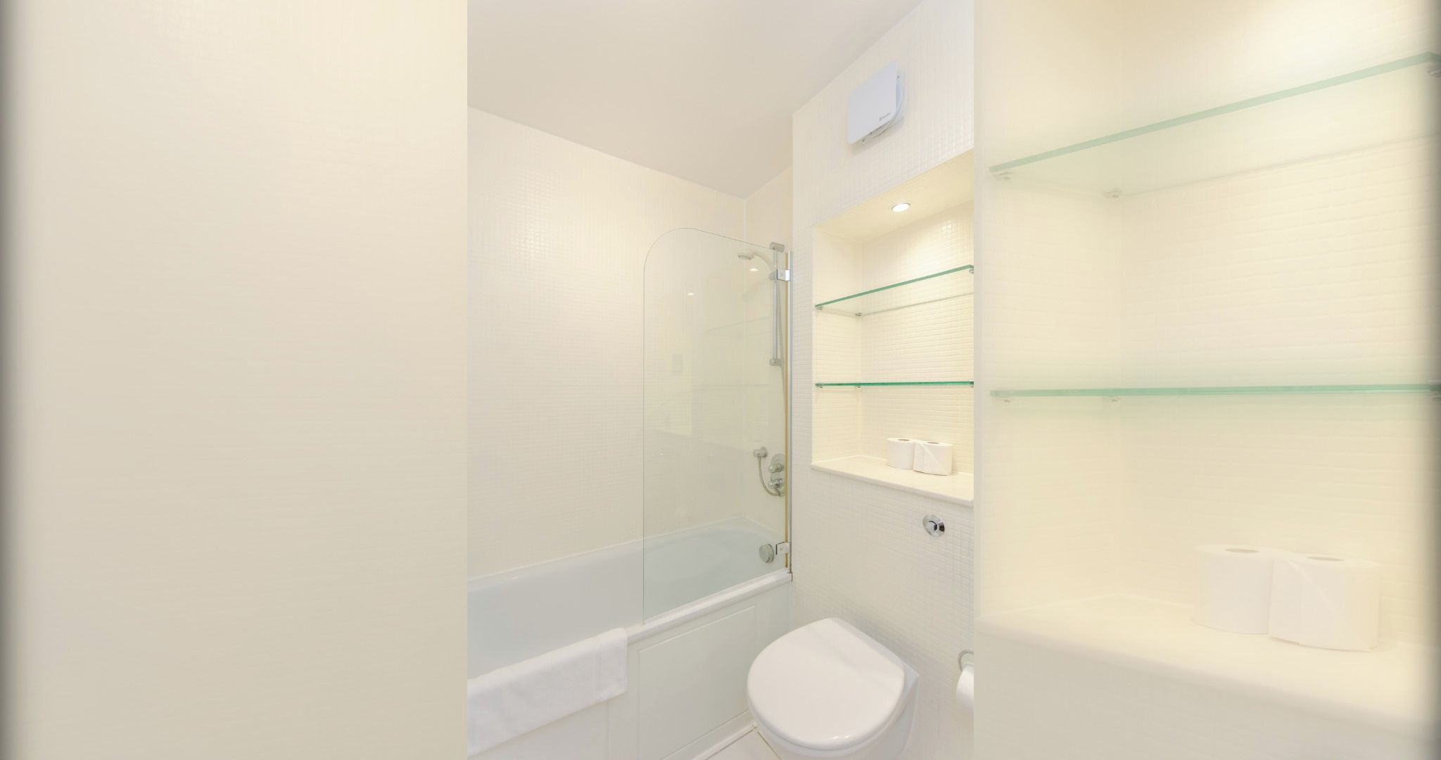 Shower, hair dryer, shampoo