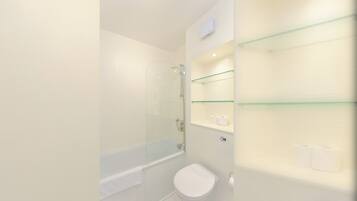 Shower, hair dryer, shampoo