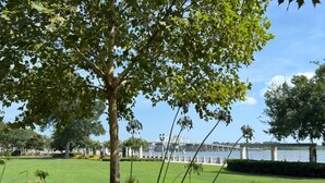 A park with a large tree, a grassy area, and a body of water with a bridge in the background.