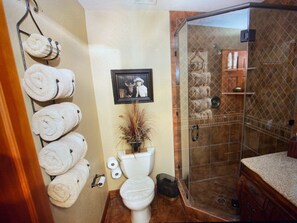 Combined shower/tub, hair dryer, towels, soap