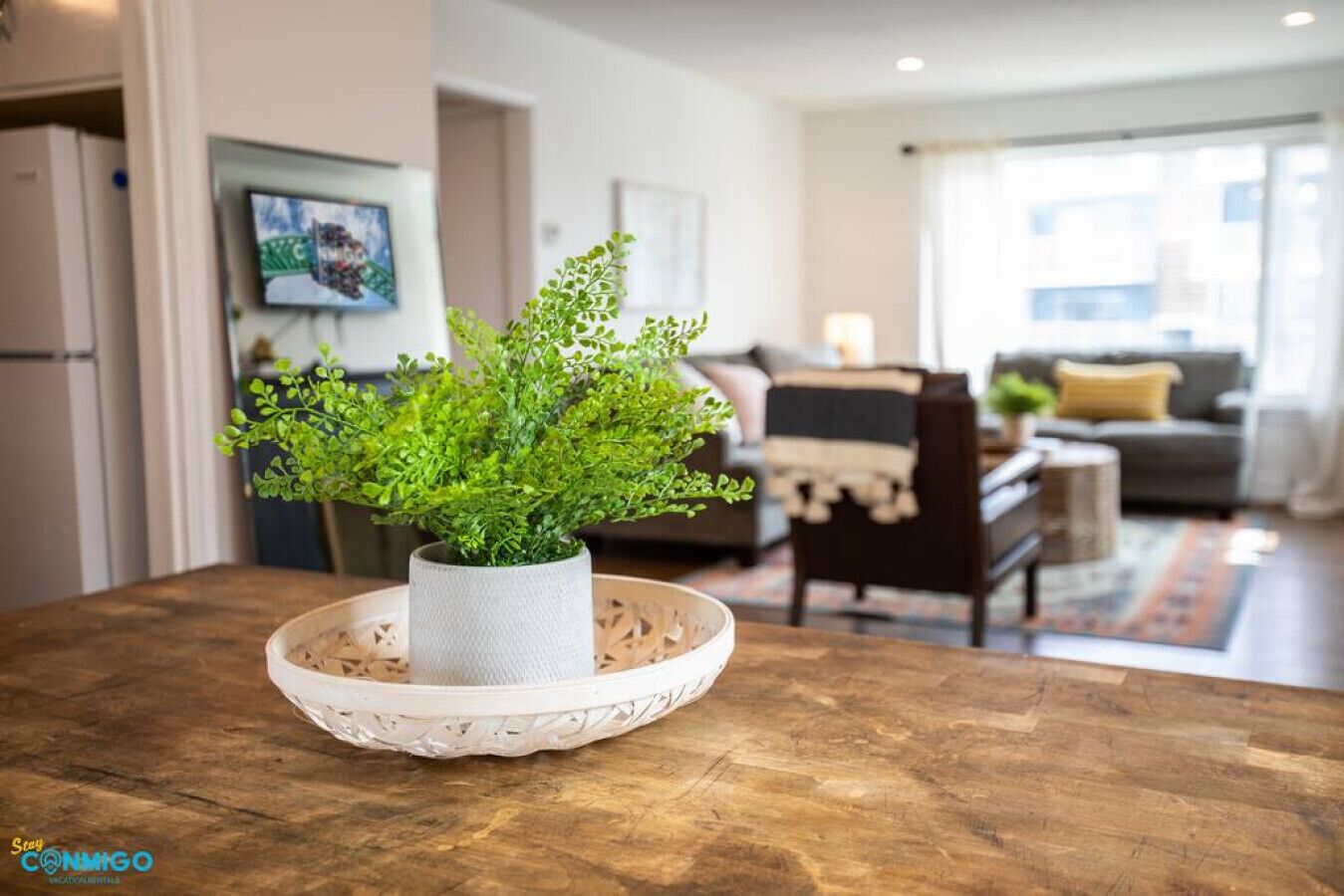 Smart TV, fireplace, books, offices