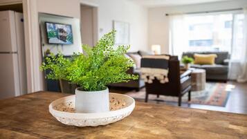 Smart TV, fireplace, books, offices