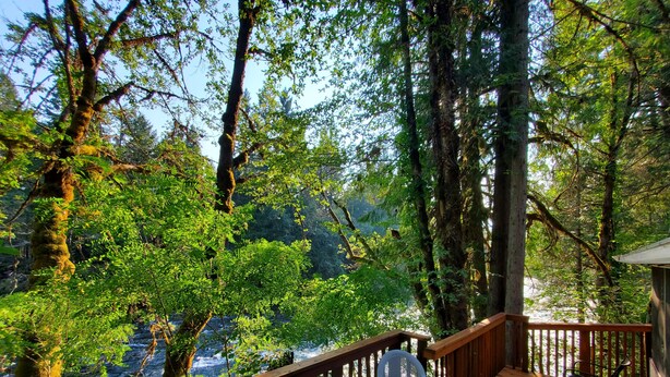 A wooden deck with a chair and a bench overlooking a forested area with a river below. - RiverPeace on the McKenzie (Blue River)