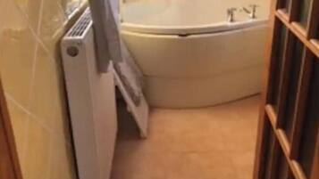 Combined shower/bathtub, towels, soap, toilet paper