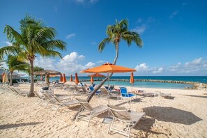 On the beach, sun-loungers, beach towels