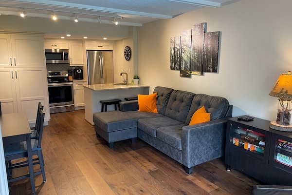 Living room: couch, table for 4 plus 2 stools. Well-equipped kitchen, dishwasher