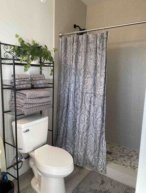 Shower, hair dryer, towels, soap