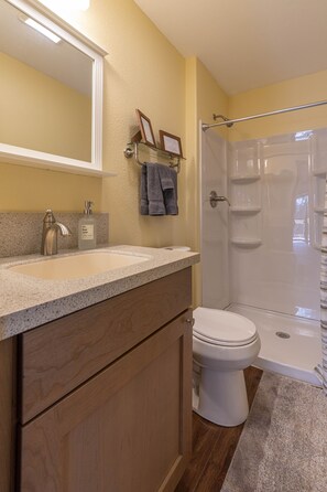 Douche, serviettes fournies, papier toilette