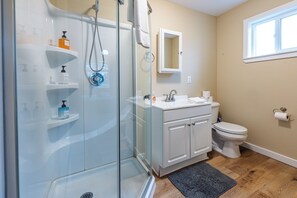 A modern bathroom with a glass-enclosed shower, a white sink, and a toilet.