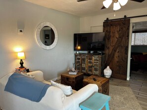 Smart TV, fireplace, DVD player, books