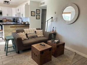 Smart TV, fireplace, DVD player, books