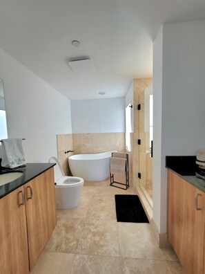 Bathtub, hair dryer, towels, soap