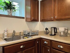 Kitchen area with a potted plant, kettle, coffee maker, and dish rack.