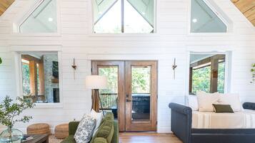 Smart TV, fireplace, books