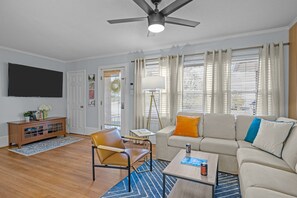 Smart TV, chimenea, libros y monitor de computadora 