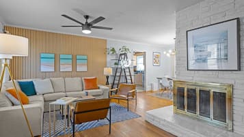 Smart TV, fireplace, books, computer monitors