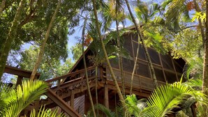 Eine Holzhütte mit Balkon, umgeben von üppigem Grün.
