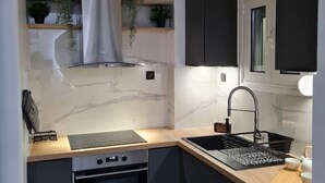 A compact kitchen with a built-in oven, a stovetop, and a sink. There are shelves with plants and a black cabinet above the sink. - Acropolis Lux 2 Bedroom Apt,CBD, H/TUB, fast Wifi-1min from Museum&Metro station (Athens)